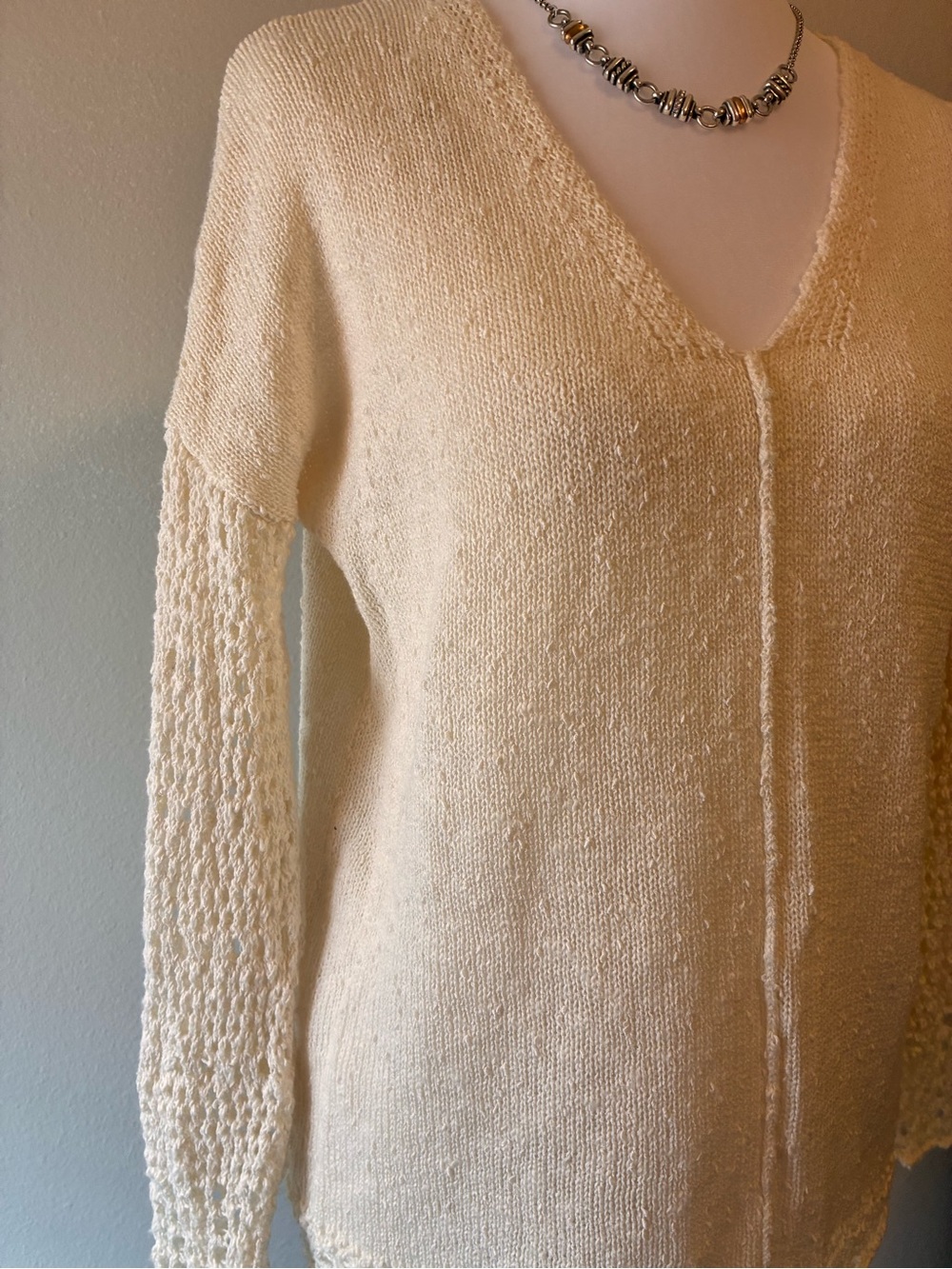 Lucky Brand Light Cream V‑Neck open Stitch and Crochet Sweater - Picture 5 of 5